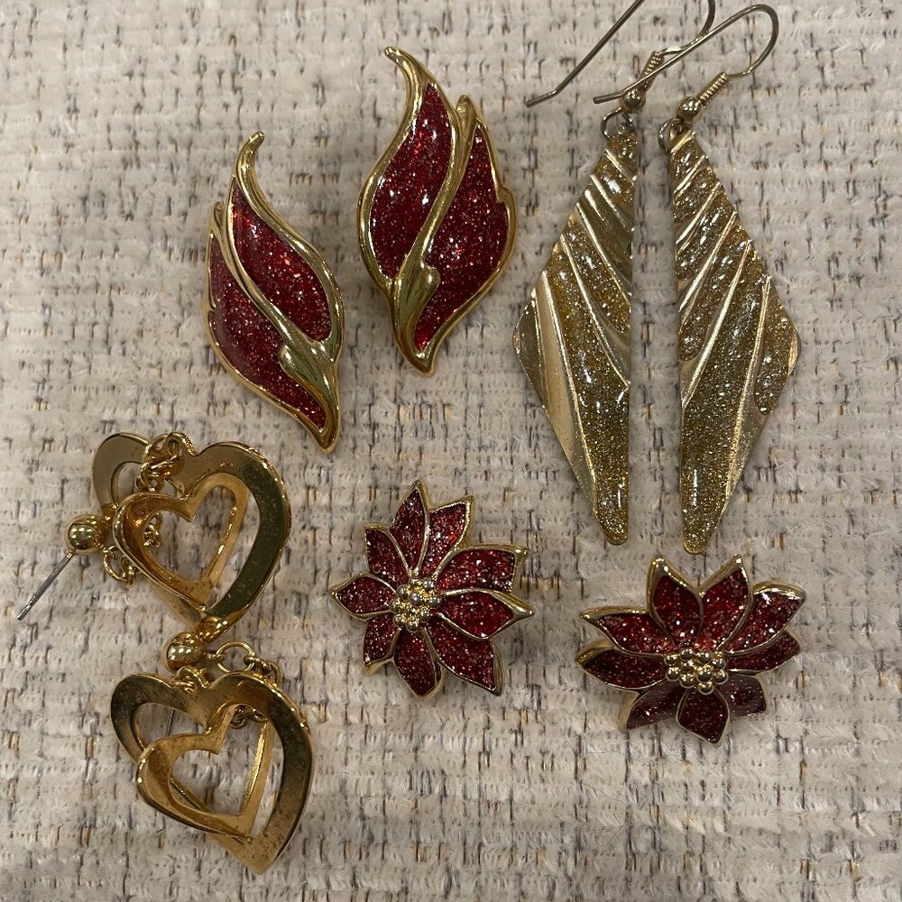 Lot of Holiday Inspired Red/Gold tone earrings
